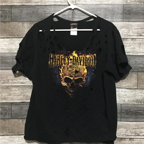 Harley Davidson Cayman Island Flaming Skull Distressed T Shirt Women’s L Black - Picture 3 of 8